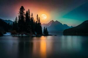 uma cheio lua sobe sobre uma lago e montanhas. gerado por IA foto