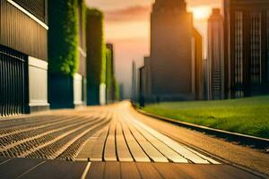 uma cidade rua com uma estrada conduzindo para uma prédio. gerado por IA foto