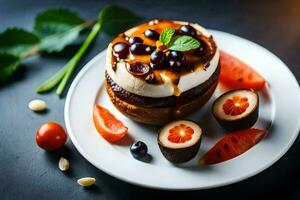 uma sobremesa com fruta e chocolate em uma placa. gerado por IA foto