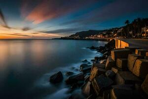 uma grandes exposição fotografia do a pôr do sol sobre a oceano. gerado por IA foto