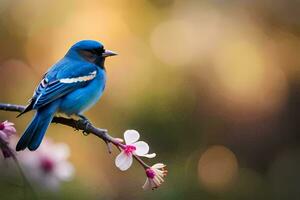 uma azul pássaro senta em uma ramo com Rosa flores gerado por IA foto