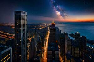 a leitoso sobre Chicago às noite. gerado por IA foto