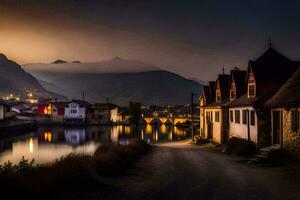 uma Vila às crepúsculo com uma rio e montanhas dentro a fundo. gerado por IA foto