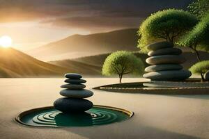 uma zen jardim com pedras e água. gerado por IA foto