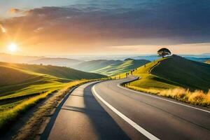 uma cênico estrada dentro a montanhas com a Sol contexto. gerado por IA foto