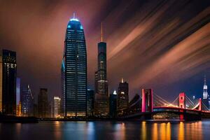 a cidade Horizonte às noite com luzes e edifícios. gerado por IA foto