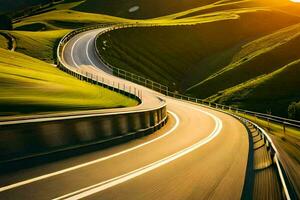 uma enrolamento estrada dentro a montanhas. gerado por IA foto