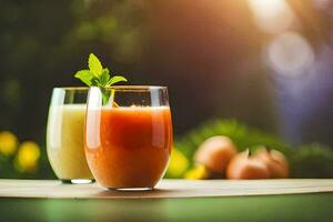 dois óculos do suco com uma verde folha em a mesa. gerado por IA foto