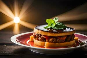 uma Hamburger com uma tomate e queijo em uma placa. gerado por IA foto