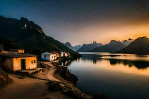 uma lago e casas dentro a montanhas às pôr do sol. gerado por IA foto