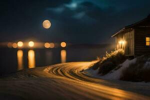 uma cabine dentro a neve com a lua brilhando sobre isto. gerado por IA foto