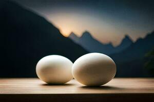 dois ovos em uma mesa dentro frente do montanhas. gerado por IA foto