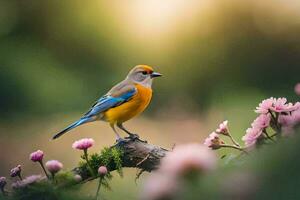 uma azul e amarelo pássaro é sentado em uma ramo. gerado por IA foto