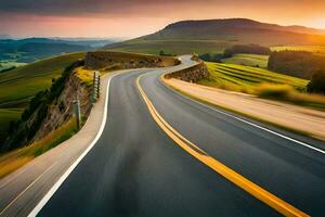 uma enrolamento estrada dentro a montanhas com uma pôr do sol. gerado por IA foto