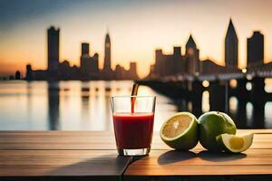 suco em uma de madeira mesa com uma Visão do a cidade. gerado por IA foto