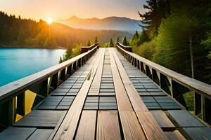 uma de madeira ponte sobre uma lago às pôr do sol. gerado por IA foto