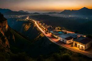 uma Visão do uma Vila às crepúsculo com uma estrada enrolamento baixa a lado do uma montanha. gerado por IA foto