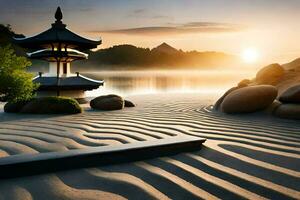 uma japonês pagode senta em a areia às pôr do sol. gerado por IA foto