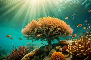 a embaixo da agua cena com coral e peixe. gerado por IA foto