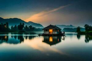 a casa em a lago, lago, montanhas, nascer do sol, nascer do sol, a lago, a casa. gerado por IA foto