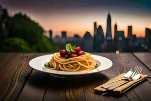 uma prato do espaguete com cereja tomates e manjericão em uma de madeira mesa dentro frente do uma paisagem urbana. gerado por IA foto