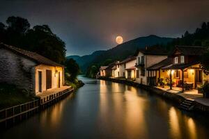 foto papel de parede a lua, rio, casas, noite, rio, casas, rio, Vila,. gerado por IA