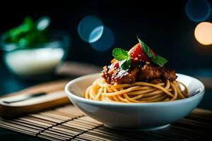 espaguete com carne e tomate molho dentro uma tigela. gerado por IA foto