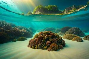 a embaixo da agua Visão do coral recifes e a ilha. gerado por IA foto