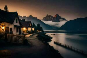 foto papel de parede a céu, montanhas, lago, casa, a casa, a lago, a montanhas. gerado por IA