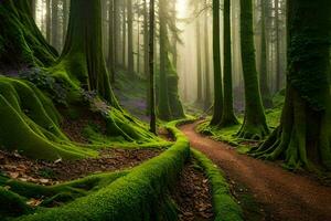 uma caminho através uma floresta com musgoso árvores gerado por IA foto