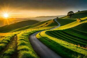 a estrada para a pôr do sol. gerado por IA foto