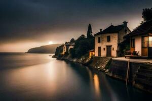 uma casa em a costa do uma lago às crepúsculo. gerado por IA foto