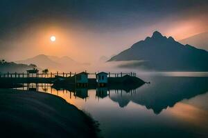 uma nascer do sol sobre uma lago com uma montanha dentro a fundo. gerado por IA foto