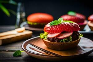 uma Hamburger com uma morango em topo. gerado por IA foto