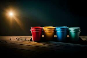 quatro colorida plástico copos em uma de madeira mesa. gerado por IA foto