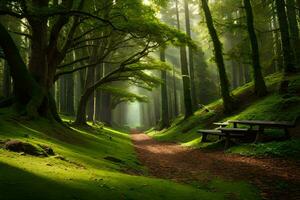 uma caminho através uma floresta com árvores e bancos. gerado por IA foto