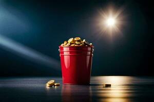 uma vermelho copo preenchidas com ouro moedas em uma Sombrio mesa. gerado por IA foto