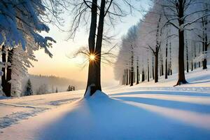 uma Nevado floresta com árvores e a Sol brilhando. gerado por IA foto