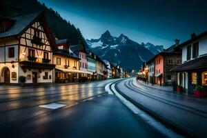 uma rua dentro a montanhas às noite. gerado por IA foto