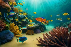 a embaixo da agua cena com colorida peixe e coral. gerado por IA foto