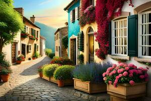 parede arte - fotografia - Vila rua com flores de julie Krause. gerado por IA foto