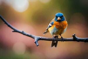 uma azul e laranja pássaro senta em uma ramo. gerado por IA foto