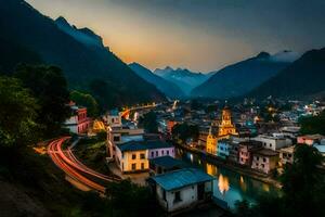 uma cidade com uma rio e montanhas às crepúsculo. gerado por IA foto