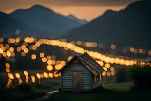 uma pequeno casa dentro a meio do uma campo às noite. gerado por IA foto