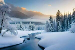 uma rio fluxos através uma Nevado floresta às pôr do sol. gerado por IA foto