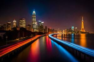 a cidade Horizonte às noite com luzes em a água. gerado por IA foto