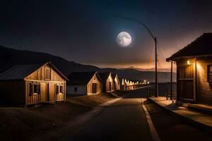 uma enluarada estrada com casas e uma cheio lua. gerado por IA foto