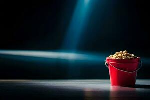 uma vermelho balde preenchidas com amendoim em uma Sombrio chão. gerado por IA foto