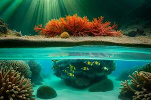 a embaixo da agua cena com coral e peixe. gerado por IA foto