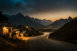 uma estrada dentro a montanhas às pôr do sol. gerado por IA foto